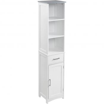 KLEANKIN Armario de Baño con 1 Cajón 1 Puerta 3 Estantes Abiertos Balda Interior Ajustable Mueble Auxiliar de Almacenaje para Salón Aseo Dormitorio 34x30x163cm