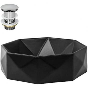 Lavabo Ceramica Opaca Nera ML-Design Ø 42 cm con Sistema di Scarico Cromato