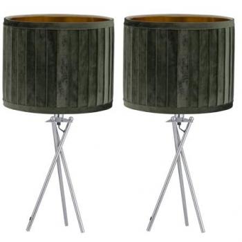 Set of Two Sundance Chrome Tripod Table Lamps, Dark Green Velvet Shades – Silver Edition