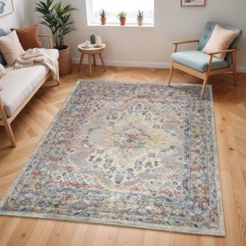 Classic Bordered Floral Rug in Taupe, Ice Blue, Mustard – 80x150cm