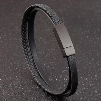 Men's Leather Bracelet with Stainless Steel Gold and Black Buttons