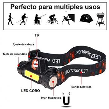 Linterna Frontal Emceuro con LED XPE T6 y COB Recargable Zoom