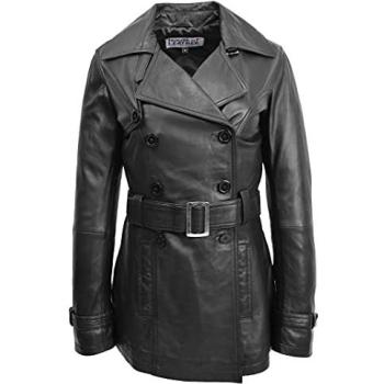 Sienna Real Leather Trench for Her – Black, Double-Breasted, Size 10, House of Leather