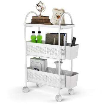 Three‑Tier Narrow Trolley with Wheels, Pull‑Out & Hanging White Basket