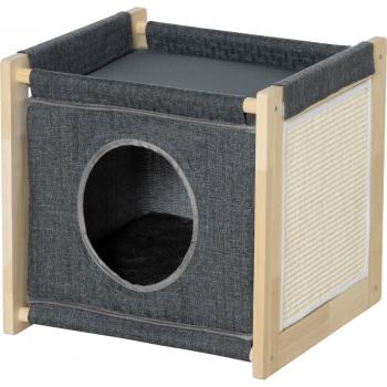 Cama Cueva para Gatos con Rascador de Sisal y Marco de Madera 40x40x40,5 cm Gris