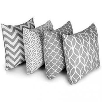 Housses de Coussin Carré en Coton 100% avec Fermeture Éclair Invisible (Set de 4, Gris)