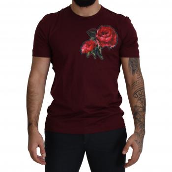 Dolce & Gabbana Cotton Crewneck T-shirt with Bordeaux Roses