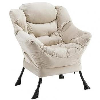 Beige Velvet Comfy Accent Lazy Chair with Pockets