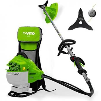 Desbrozadora de mochila VITO 47cm³, corte de 25cm, incluye cuchilla y hilo de nylon, depósito de 1L, 1h30 de autonomía