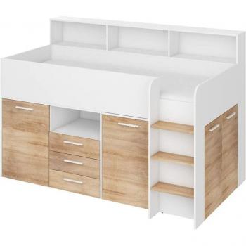 Modernes Hochbett mit Schreibtisch rechts, Weiß und Sonoma-Eiche