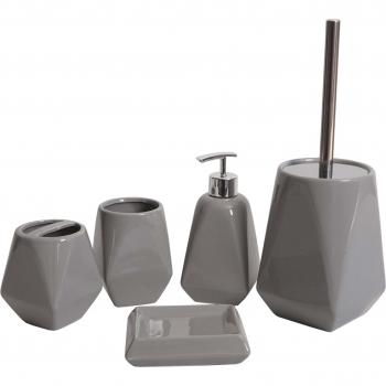 Céramique Grise : Ensemble 5 pièces pour salle de bain (porte-brosse WC + porte-brosse à dents)