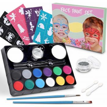 Lenbest Peinture Visage Non-Toxique, 12 Couleurs et 24 Pochoirs