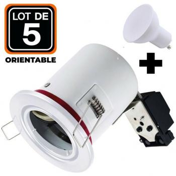 5 Spots Lumineux Orientables Blanc IP20 + Ampoule GU10 7W Inclus