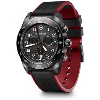 Victorinox Red‑Rubber Chrono Watch – 42mm Black Dial, Stainless Steel Band, 5‑Year Warranty