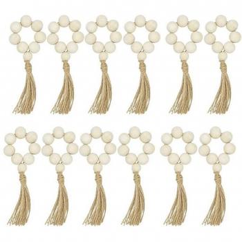 12Pcs Rustic Wood Bead Napkin Rings with Decorative Tassels