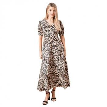 Leopard Patterned Dropped Waist Midi Dress for Women