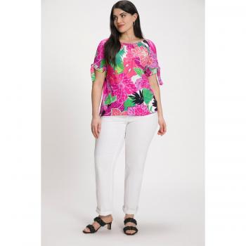 T-shirt rosa con motivo jungle, scollo elastico, mezze maniche, Donna, Taglia 64/66, Ulla Popken