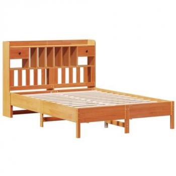 Solid Wood Pine Bookcase Bed without Mattress, Wax Brown Finish, 120x190 cm (Small Double)