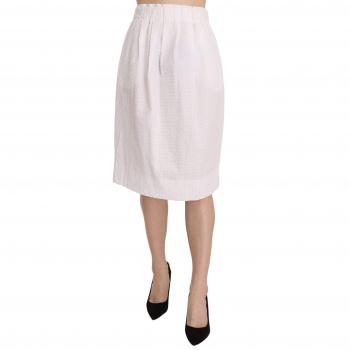 L'Autre Chose Elegant White Pencil Skirt, Jacquard Plain Weave Stretch Midi Skirt, Size: IT40|S