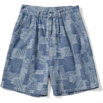Pantalones cortos de denim con costura a cuadros para hombre