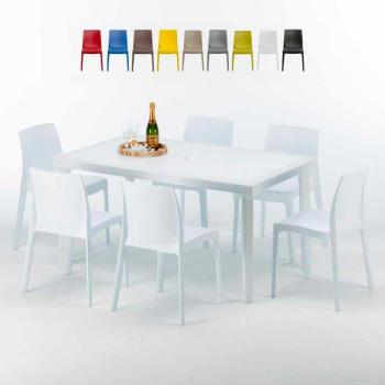 Espace Bar Café Rome Summerlife : Table Rectangulaire Blanche + 6 Chaises Colorées