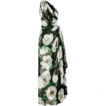 Dolce & Gabbana Luxe Long Dress with Floral Print, One-Shoulder, Black