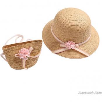 Sombrero Infantil de Paja con Visera y Bolso Bandolera, Color Caramelo Dulce, Lazo Floral