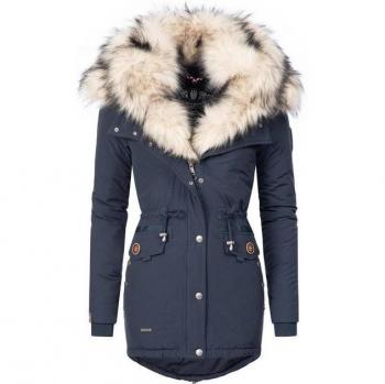 Navahoo Damenmantel „Sweety“ – Größe L, blau, Winterparka mit zwei Kunstpelz‑Kapuzen
