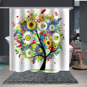 Polyester Waterproof Shower Curtain with Anti‑Mold Feature – 12 Rings, Tree & Floral Design, 180×200 cm