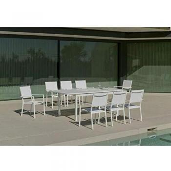 Ensemble de salon de jardin Rimona avec 8 chaises en aluminium gris et table en bois exotique Hévéa