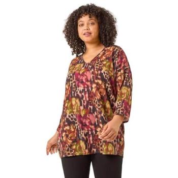 Animal Print Curved V‑Neck T-Shirt – Beige, 20