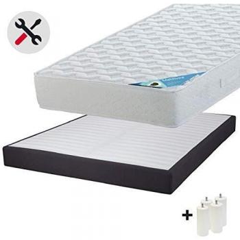 Pack Matelas 160x200 + Sommier Tapissier Démontable 2x20 Lattes Anthracites + Pieds Blancs 15cm