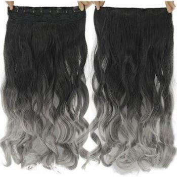 Extensions capillaires ondulées 24 pouces, 5 clips, grises ombrées, fibre haute température, gris fumé