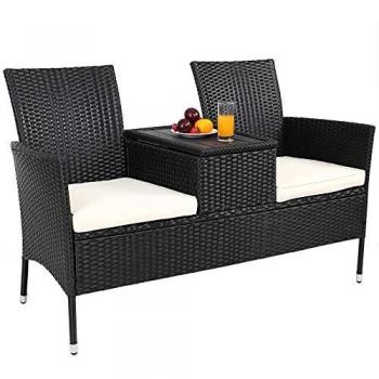 Banc Casaria polyrotin noir, 2 places, maximum 320 kg, coussin + table + rangement