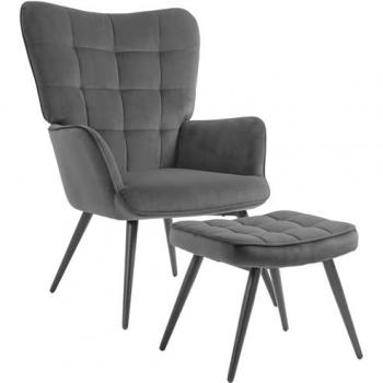 Fauteuil lounge avec repose-pied en métal noir aspect velours gris