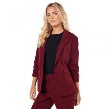 Petite Burgundy Ruched Sleeve Blazer