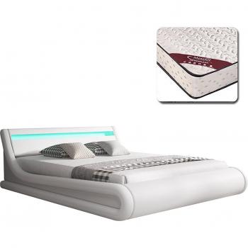 Lit Coffre de Chambre PARISINA 150x190 cm – Matelas Texas – Blanc LED – Bois et Simili‑Cuir – Rangements Multiples