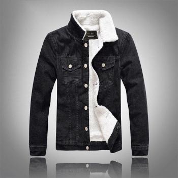 Men's Winter Black Solid Cotton Bomber Jacket with Plus Velvet Denim Jeans