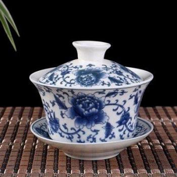 Chinesische handgemalte Gaiwan, Berg-Fluss-Druck, Porzellan mit Untertasse