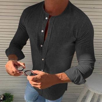T-shirt de sport homme col rond manches longues uni avec bouton