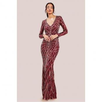 Geo Sequin Long Sleeve Wine Maxi Dress