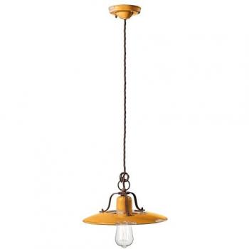Vintage Gelb Pendellampe – 30 cm runde Keramik, Metallrahmen, E27