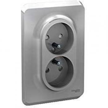 Prise Courant Double 16A Unica Aluminium Complète – Boîte 1P