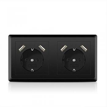 Adaptador de Pared 2 Huecos con 4 USB Negros