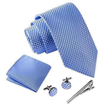 Massi Morino Herrenkrawatte Hellblau mit Einstecktuch, Manschettenknöpfen und Krawattennadel – 1‑Stück Set