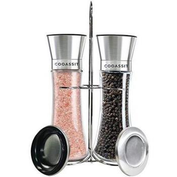 Salt and Pepper Mill Set with Stainless Steel Stand, Refillable Glass Body and Adjustable Coarseness, Large Size (2 Pack)