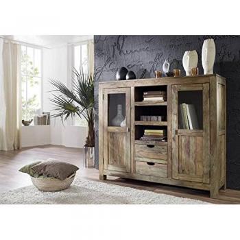 Highboard “Nature Grey” – Sheesham, 140 × 40 × 120 cm, 2 Türen + 2 Schubladen, 3 offene Fächer