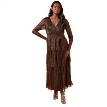Tiered Metallic Plissé Maxi with Shirred Waist – Gold