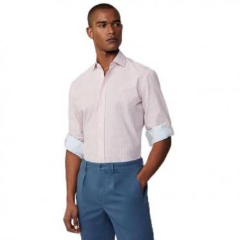 Camisa de Hombre Rayas Bengal Melange en Algodón de Hackett London, Casual, Manga Larga, Color Blanco/Rosa