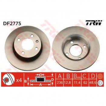 Disque de frein TRW DF2775, 236 mm, 12,8 mm, 4 trous, plein